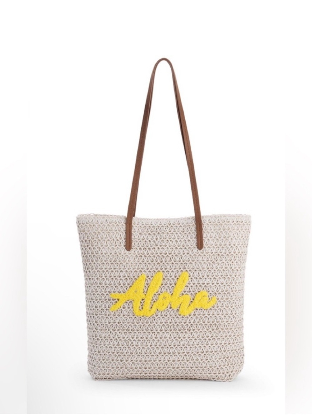 ⭐️ 3/$15 • Time and Tru • Crochet Tote with Yellow Aloha and Brown Straps